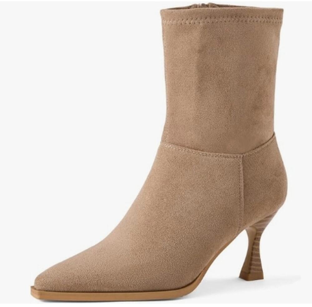 Women's Camel Kitten Heel Ankle Boots Pointed Toe Side Zip Size 9.5 NIB